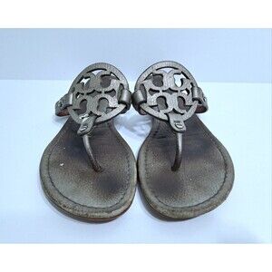 Tory Burch Silver Miller Size 9 Pewter Metallic Distressed Sandals Flip Flops